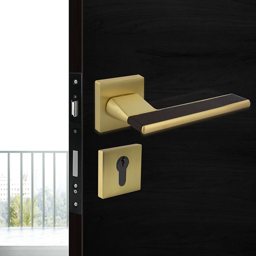 [TUR.MAN.7426LMC] VENECIA TÜRGRIFFE DOOR LOCK MATTE BRASS/BROWN LEATHER TUR.MAN.7426LMC